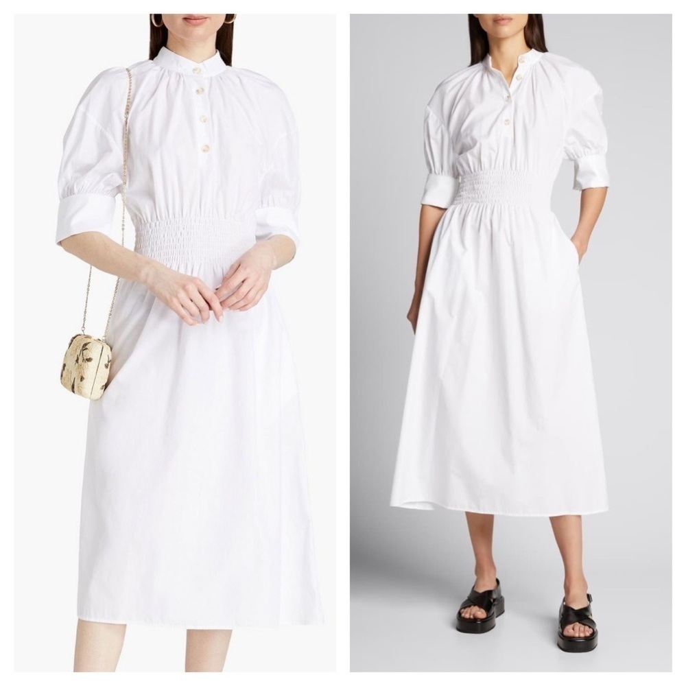 Anna Quan White Shirred-Waist Midi Dress